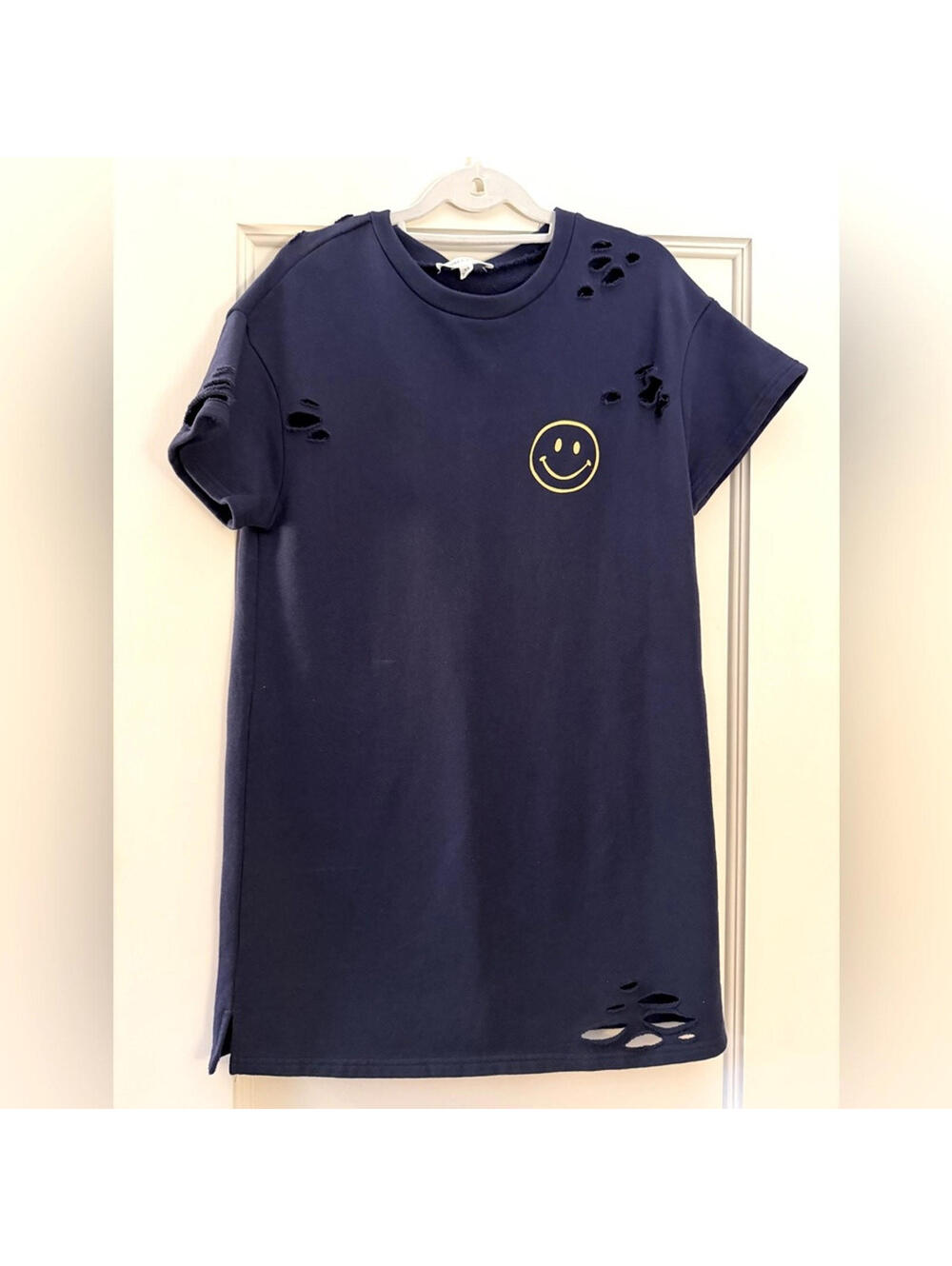 Honey Punch Navy distressed crew nwck sweatshirt dress w Smiley Face S